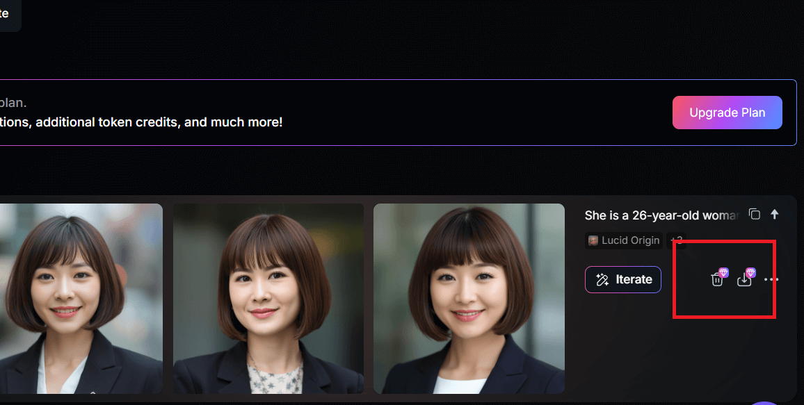 画像の保存は、生成された画像の横にあるアイコンからおこないます。