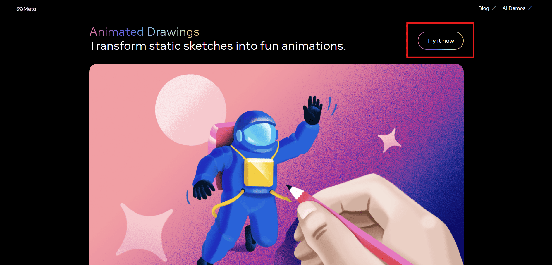 トップページの右上にある「Try it now」をクリックして、動画の生成をスタートします。