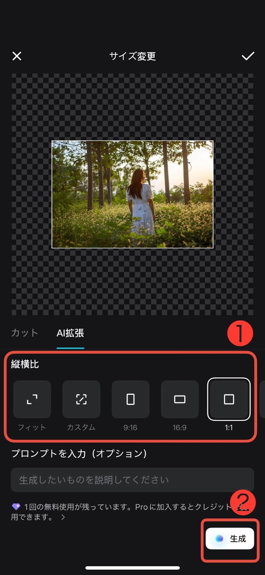 拡張したいサイズを選択し「生成」を押しましょう。