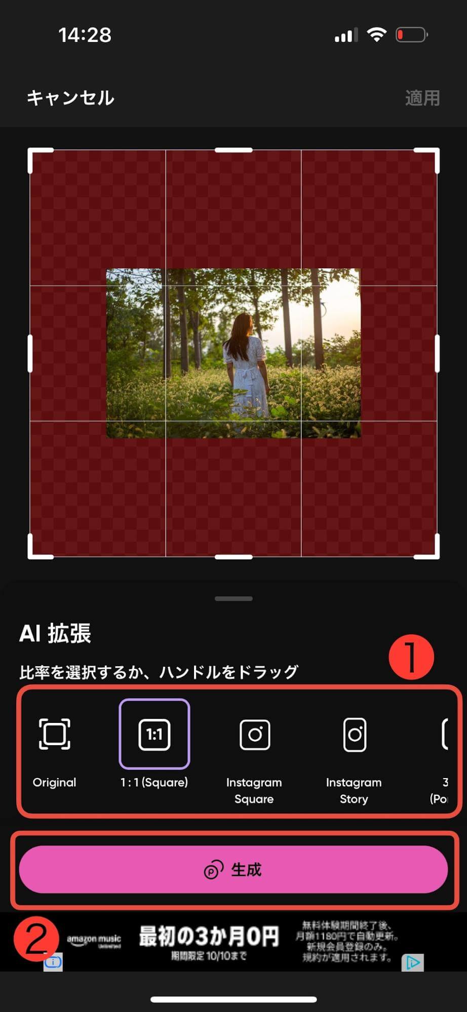 次に、拡張したいサイズを選択します。