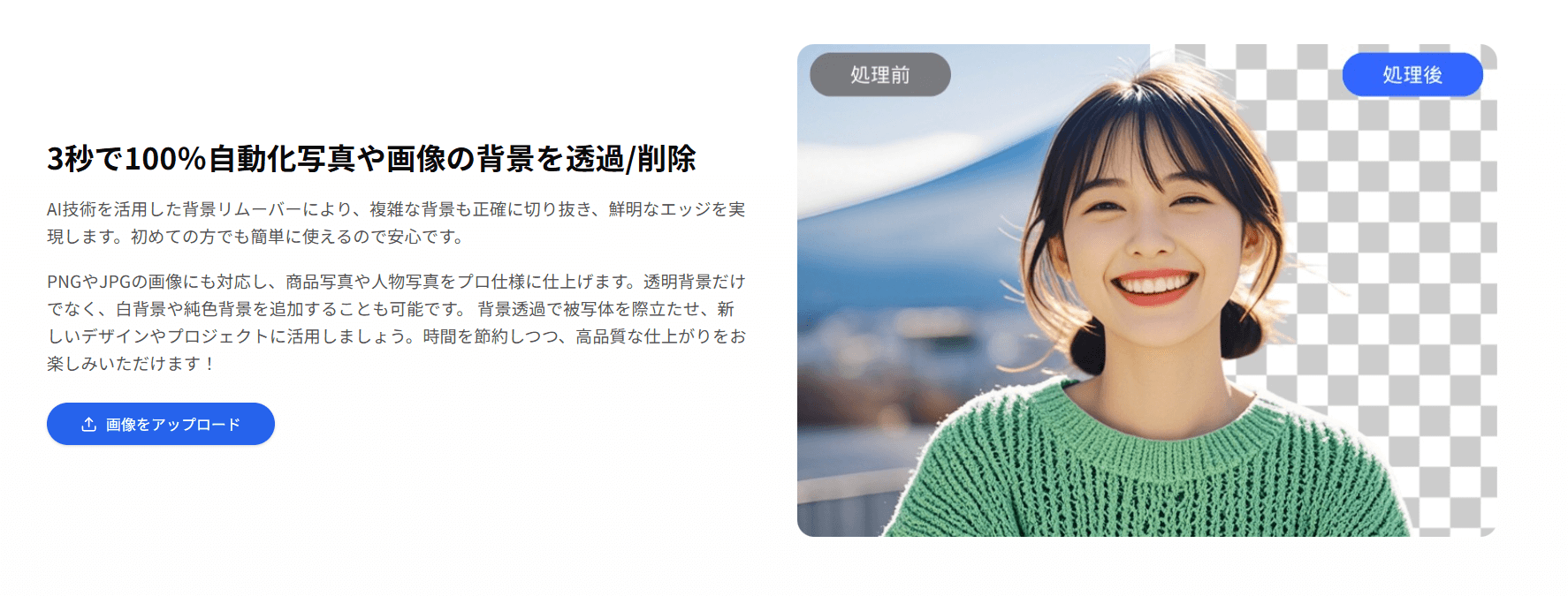 画像をアップロードするだけで背景が自動で削除されます。