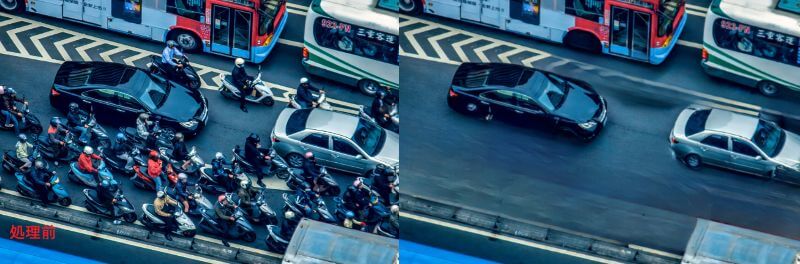 Picsartで人を消したところ、車の下側にいるバイクについては比較的綺麗に消せていますが、車の上側にいたバイクについては削除できたものの、道路の白線も一緒に消えてしまいました。