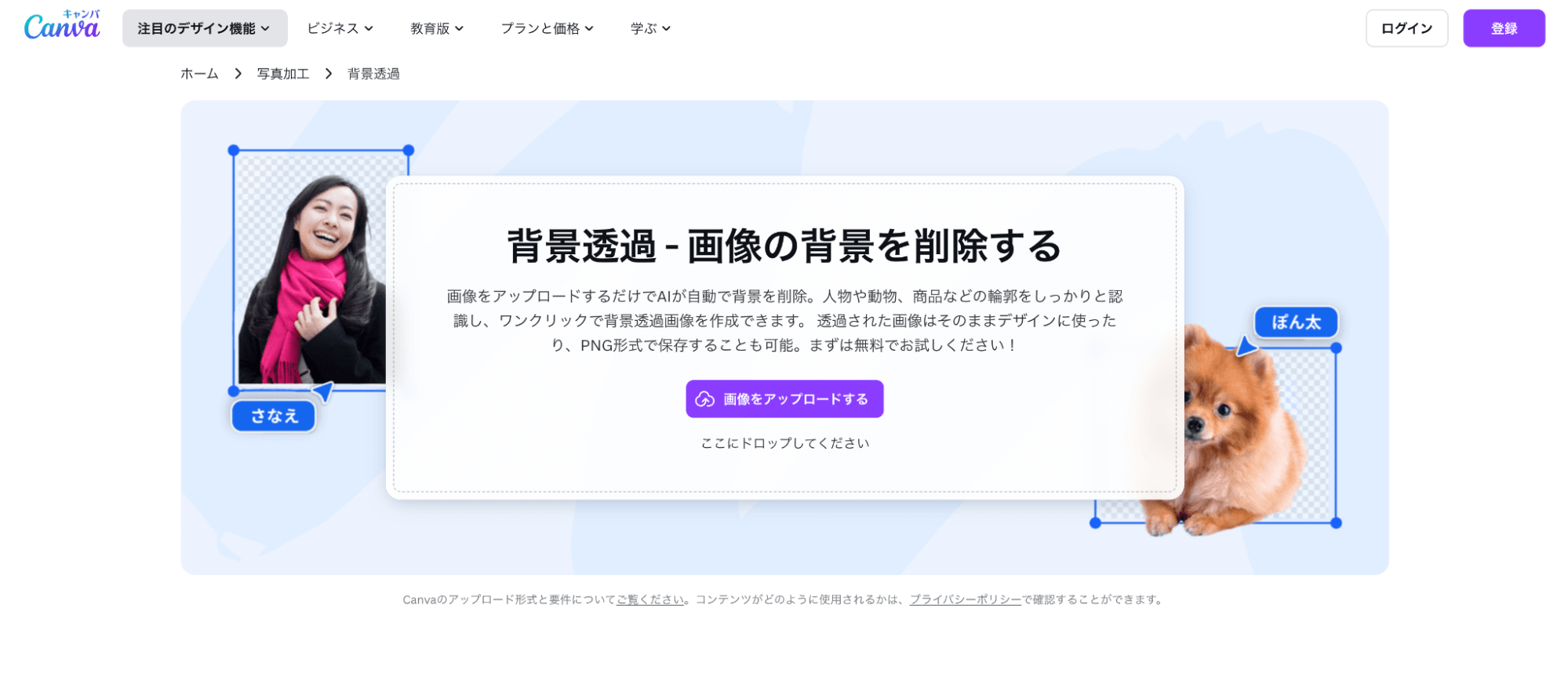 Canvaは、画像をアップロードするだけでAIが背景を削除します。