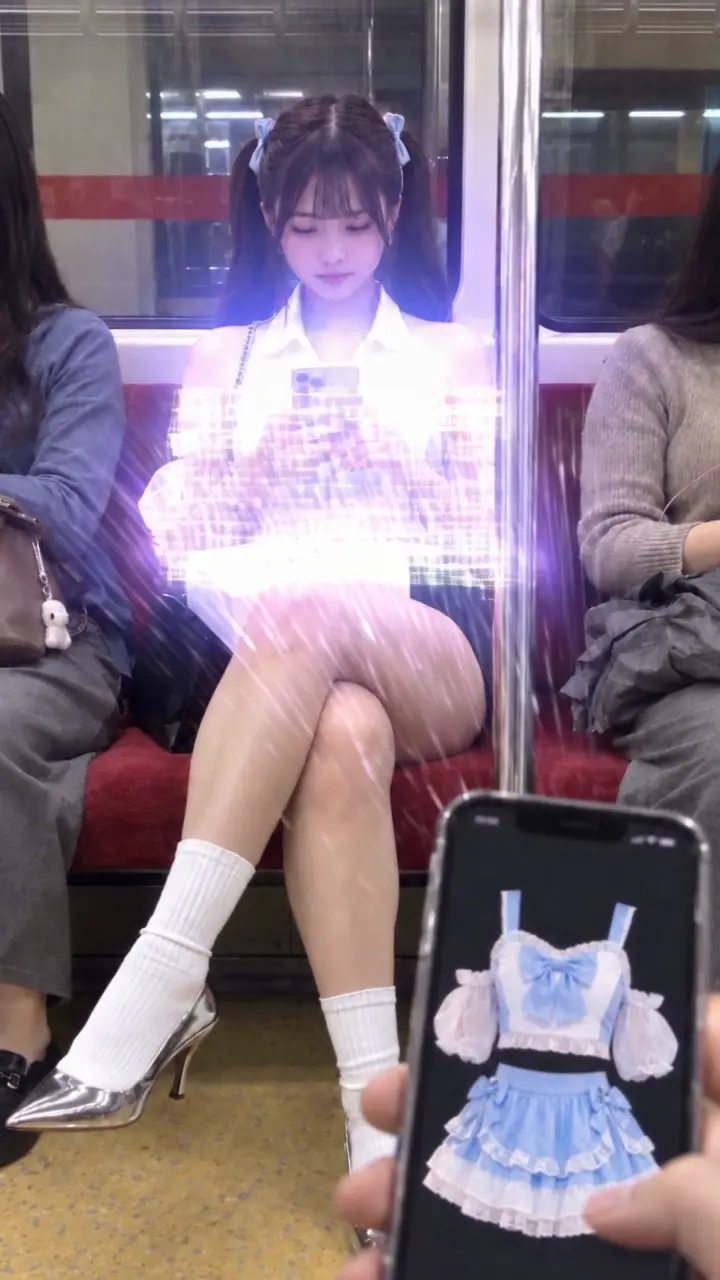 電車内の座席に座る女性を紫色のスキャン光が包み、スマートフォンに表示された衣装へ変化する場面