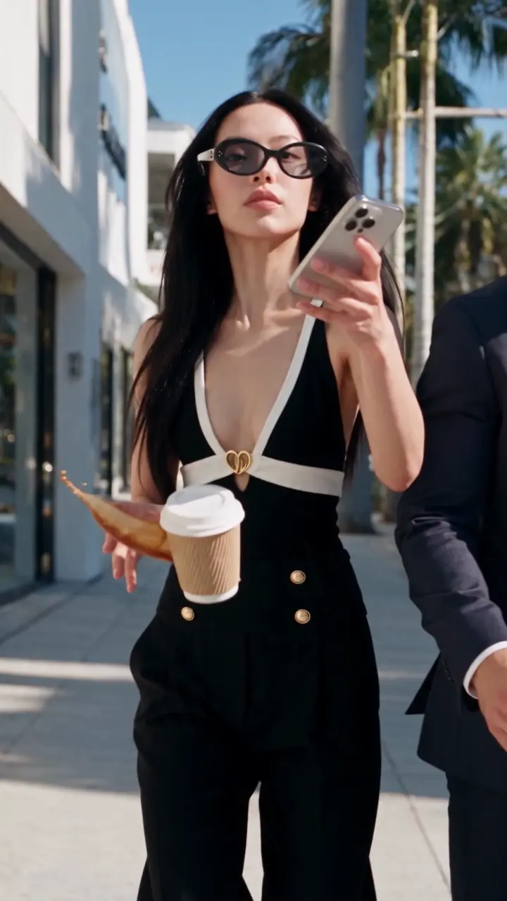 街角でサングラスをかけた女性の手元からコーヒーが飛び散るフリーズモーション動画