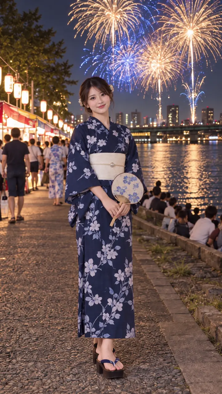 河畔の花火大会で紺色の花柄浴衣を着た女性と、夜空に広がる花火を描いたAI動画