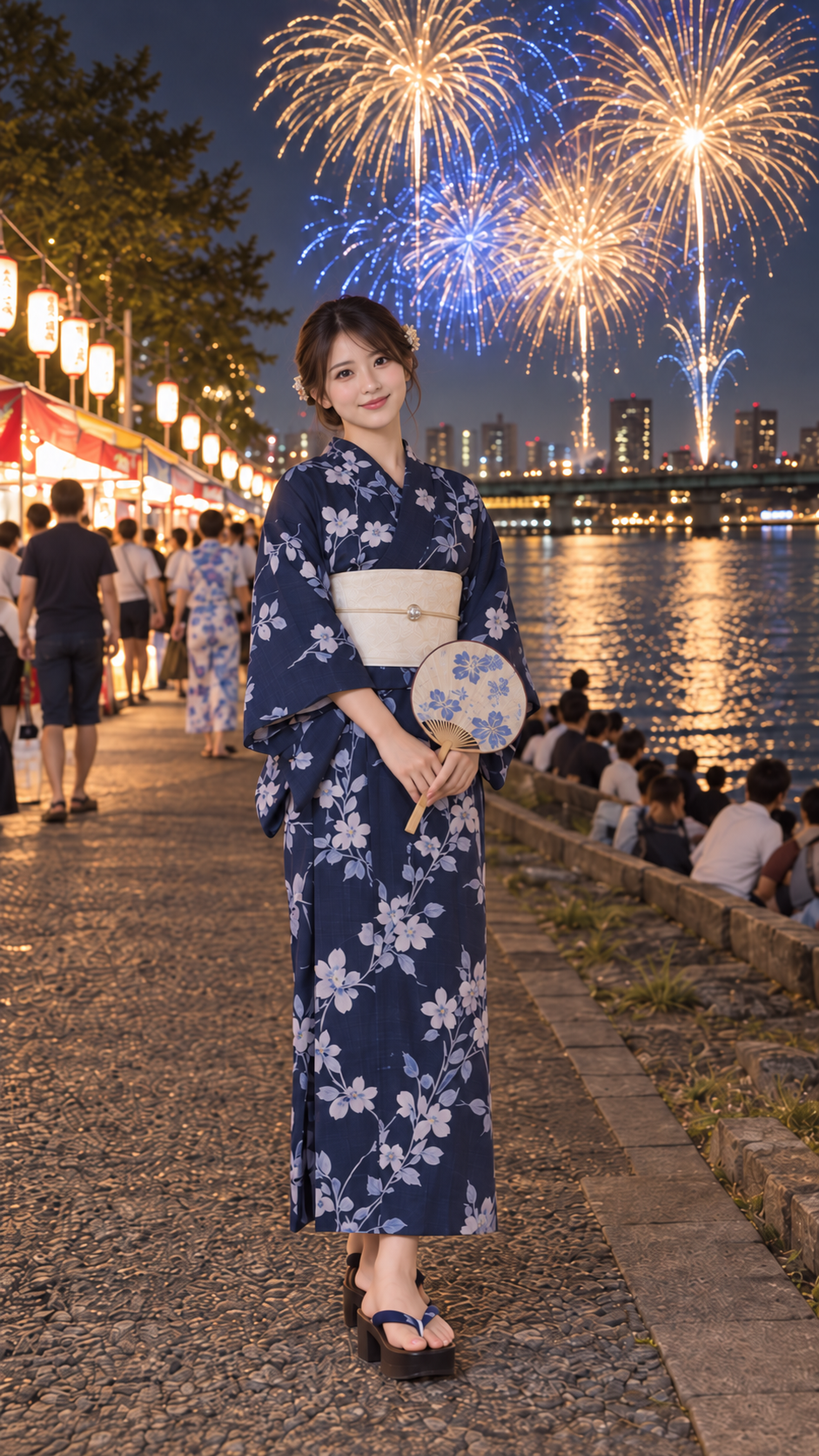 紺色の花柄浴衣に白い帯を締め、団扇を持つ女性の全身像。背景には屋台、川、金色と青色の花火