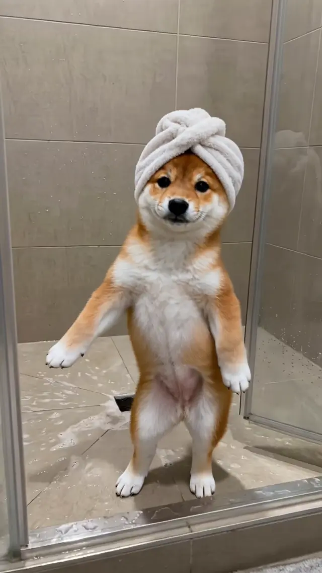 頭に白いタオルを巻いて浴室で二本足で踊る柴犬
