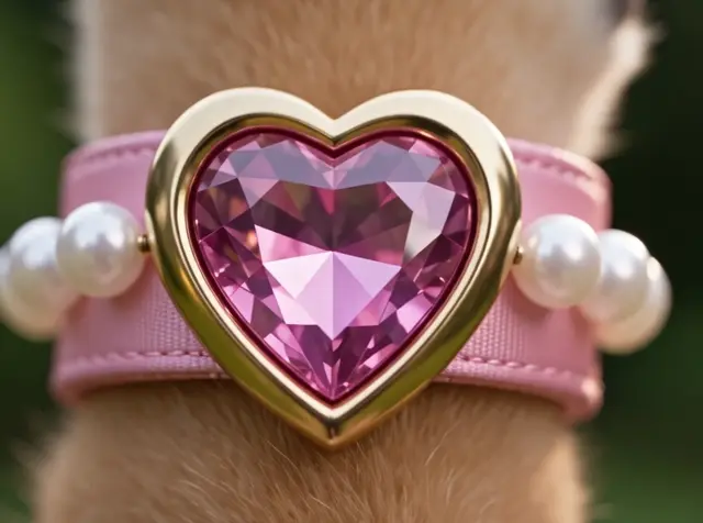 柴犬の前足に付いたピンクのハート形の宝石とパールのアクセサリー