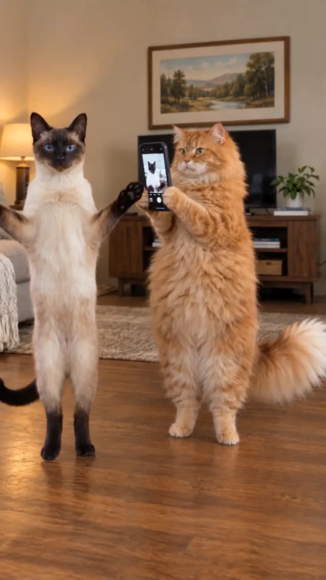 リビングで立つシャム猫とスマートフォンを構える長毛の茶トラ猫
