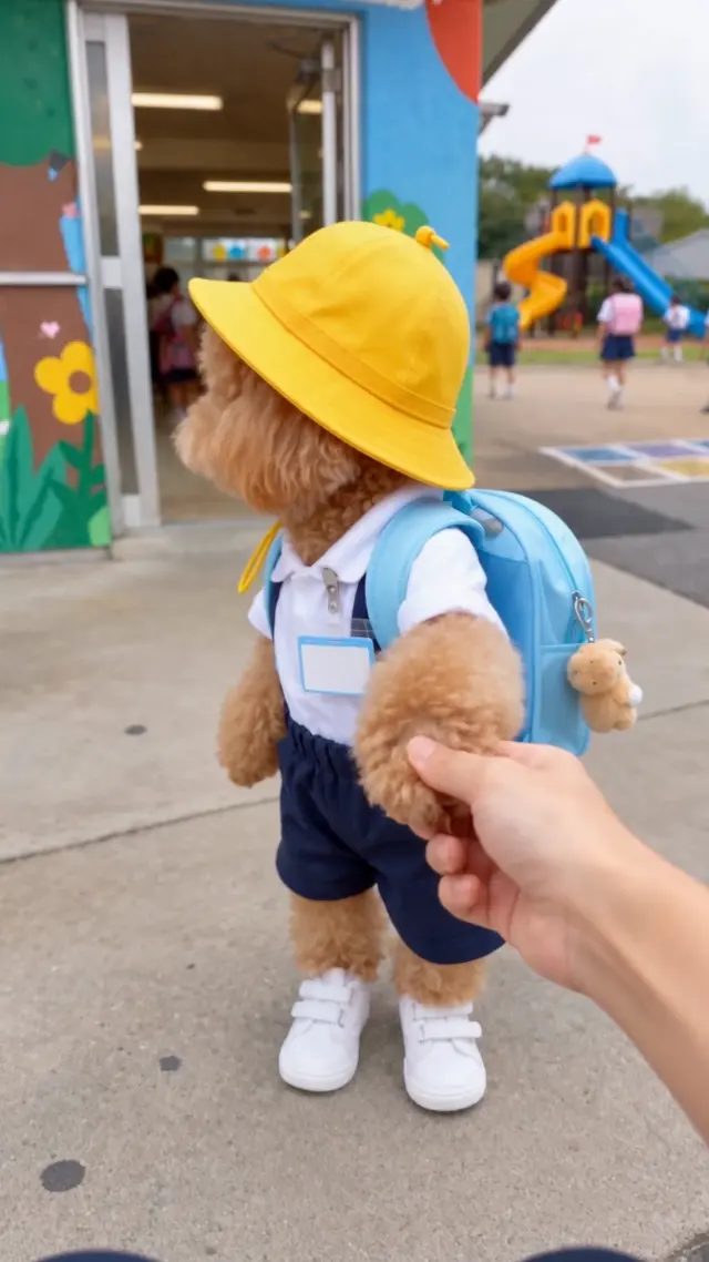 黄色い通園帽と青いリュックを着けて人の手を握る子犬