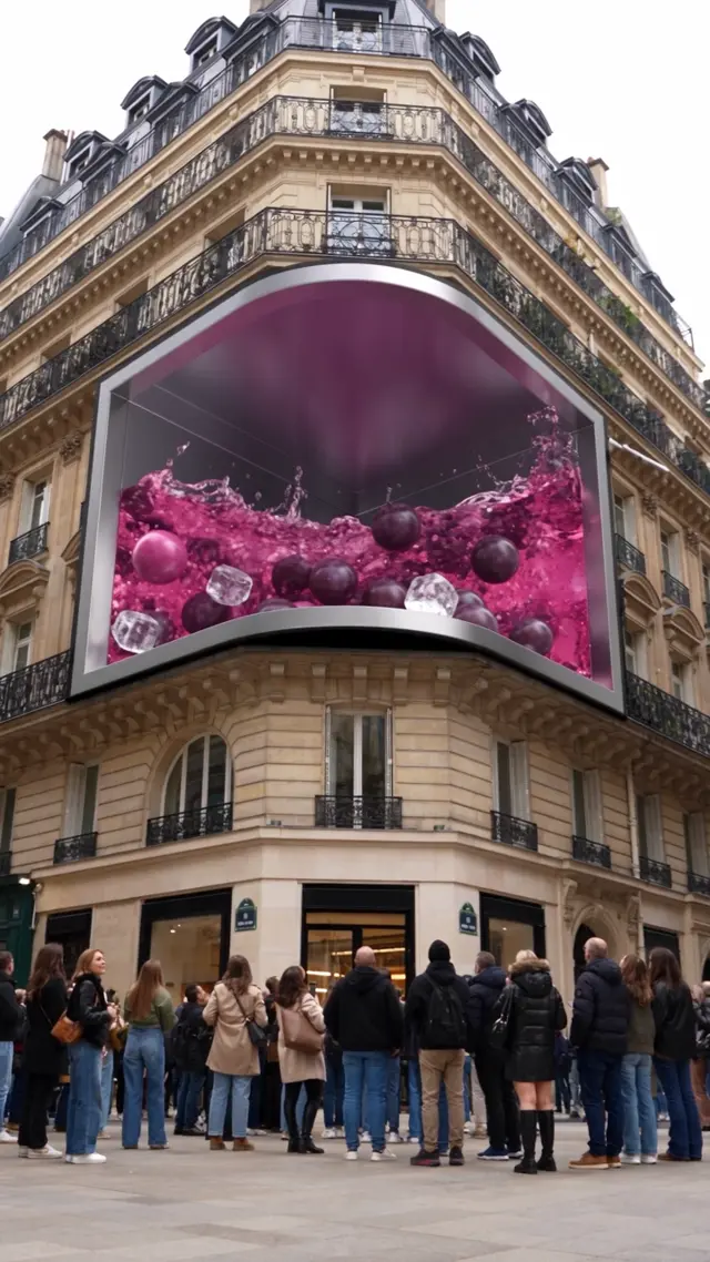 パリ風の建物の曲面ビジョンに映る紫色のぶどうジュース広告