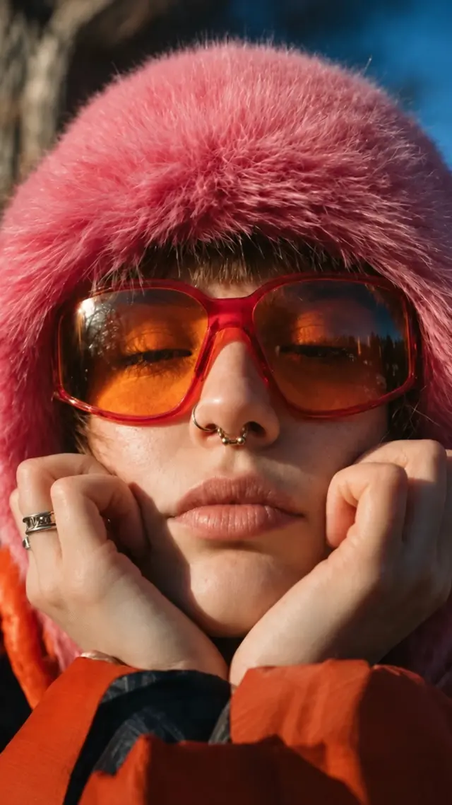 ピンクのファーハットと赤い眼鏡を身に着け、両手で頬杖をつく女性