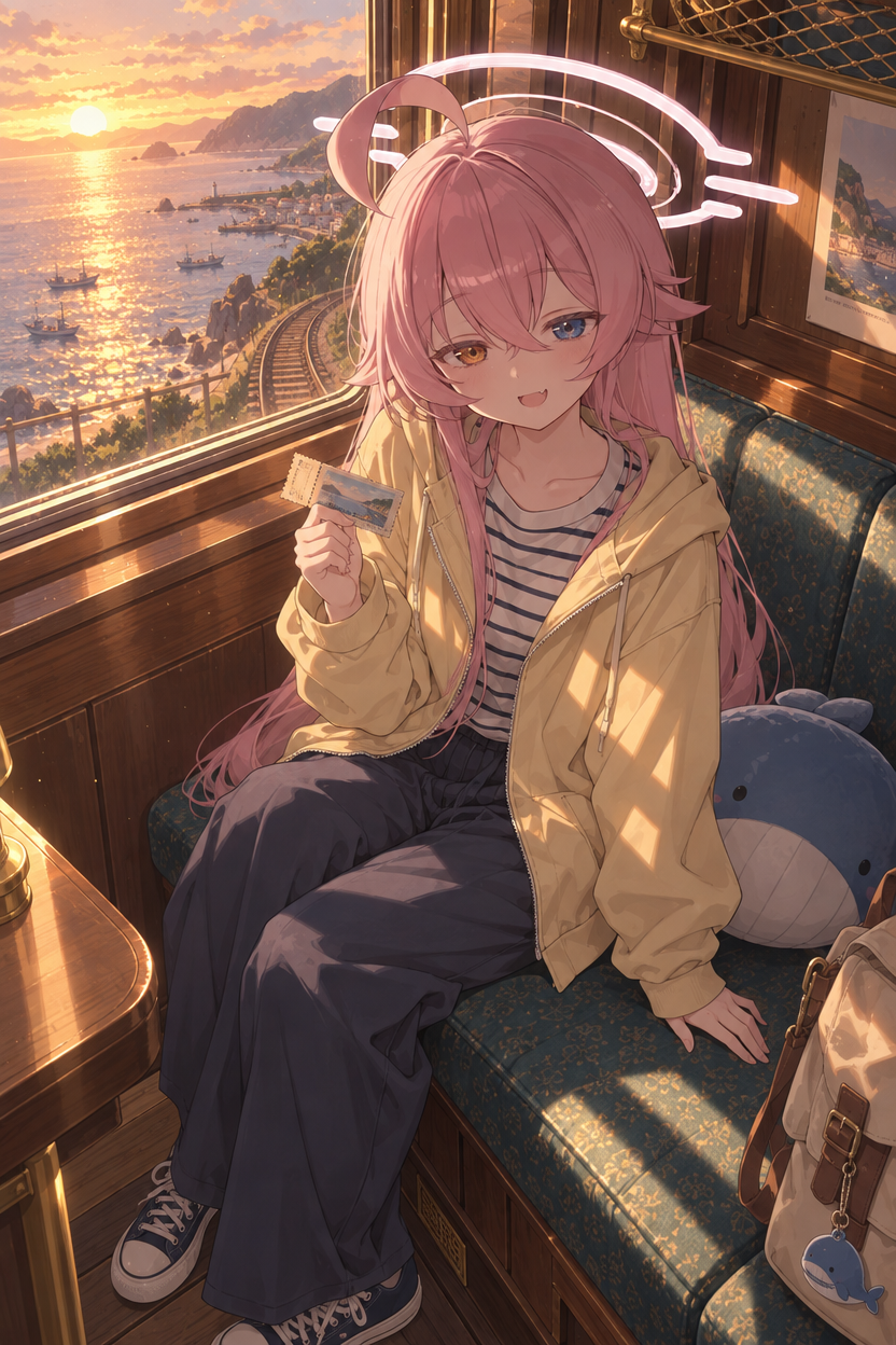 小鳥遊ホシノ：夕暮れ列車の窓辺イラスト