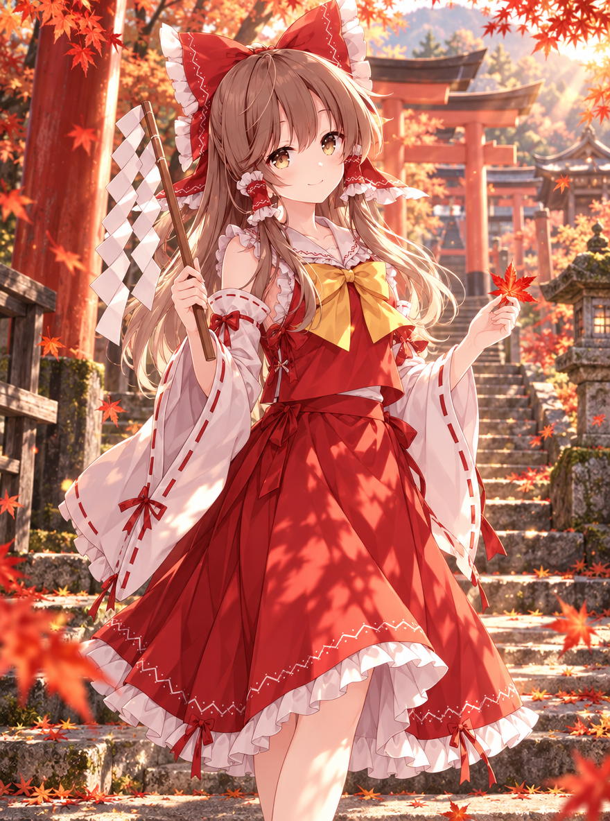 博麗霊夢のAIイラスト：紅葉の神社と御幣