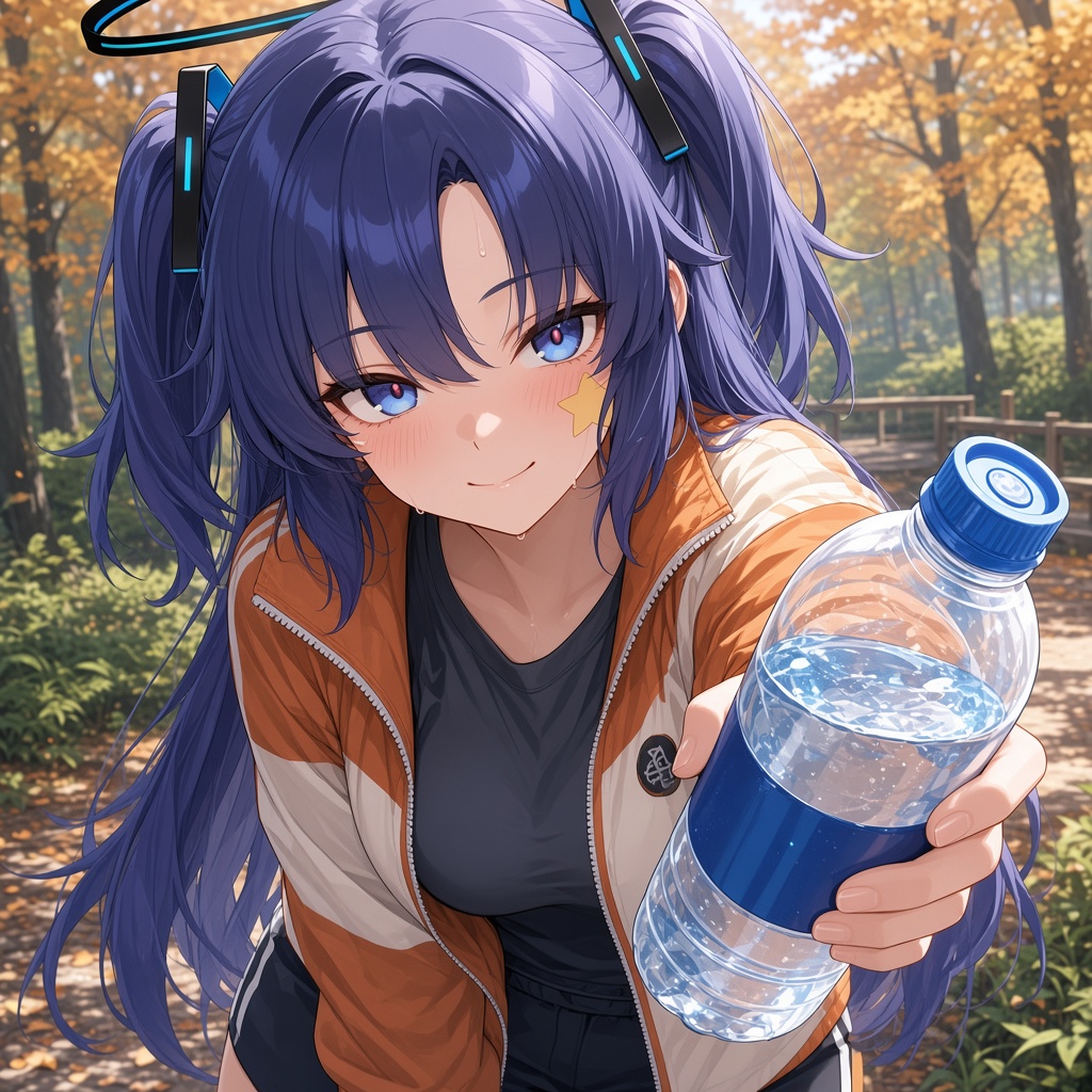 早瀬ユウカ：森のランニング後に水を差し出すイラスト