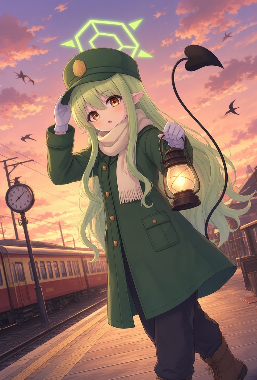 橘ヒカリ：夕焼けの駅で出発を待つイラスト