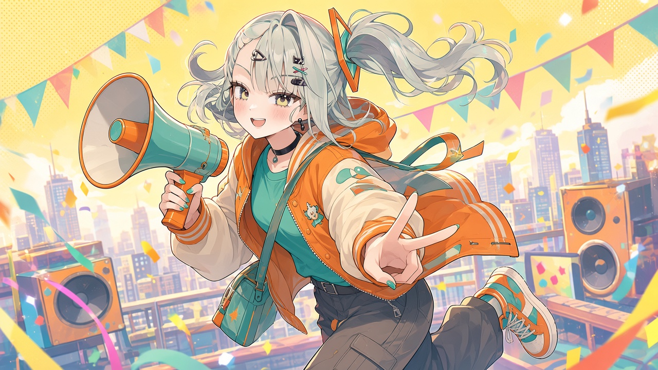 千夏：屋上音楽パレードのポップなイラスト