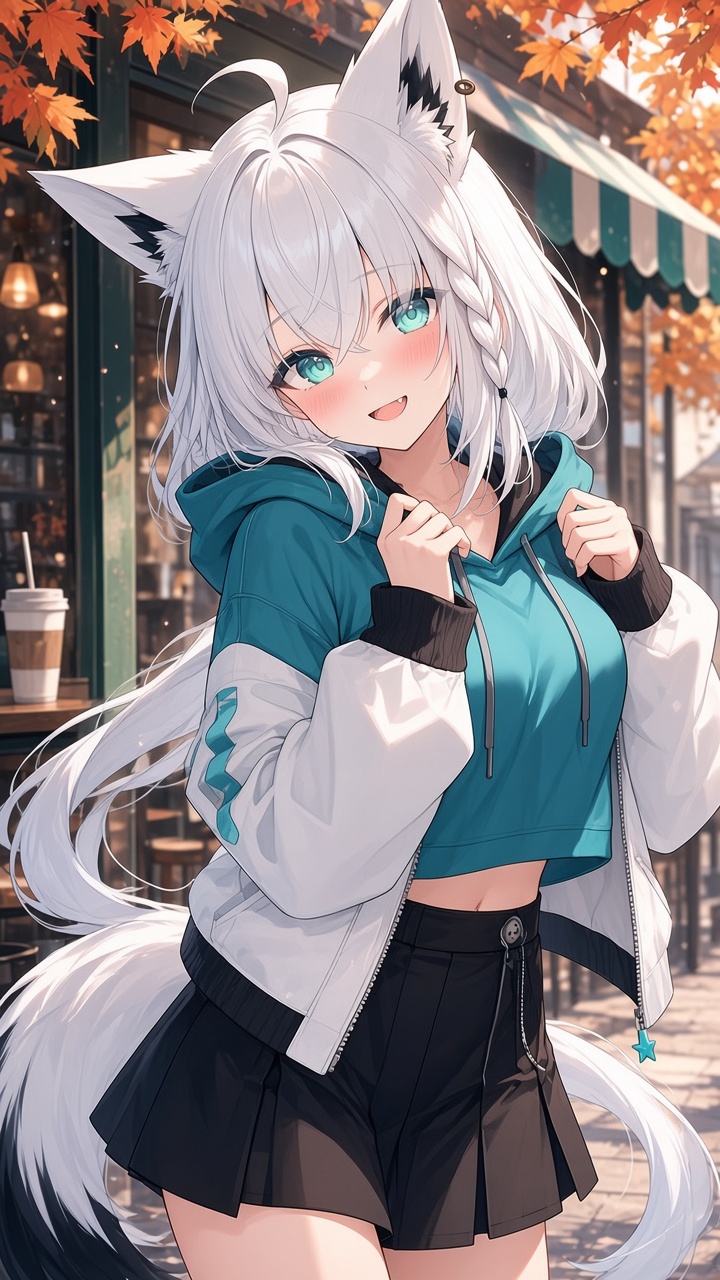 白上フブキのAIイラスト：秋のカフェとストリートコーデ