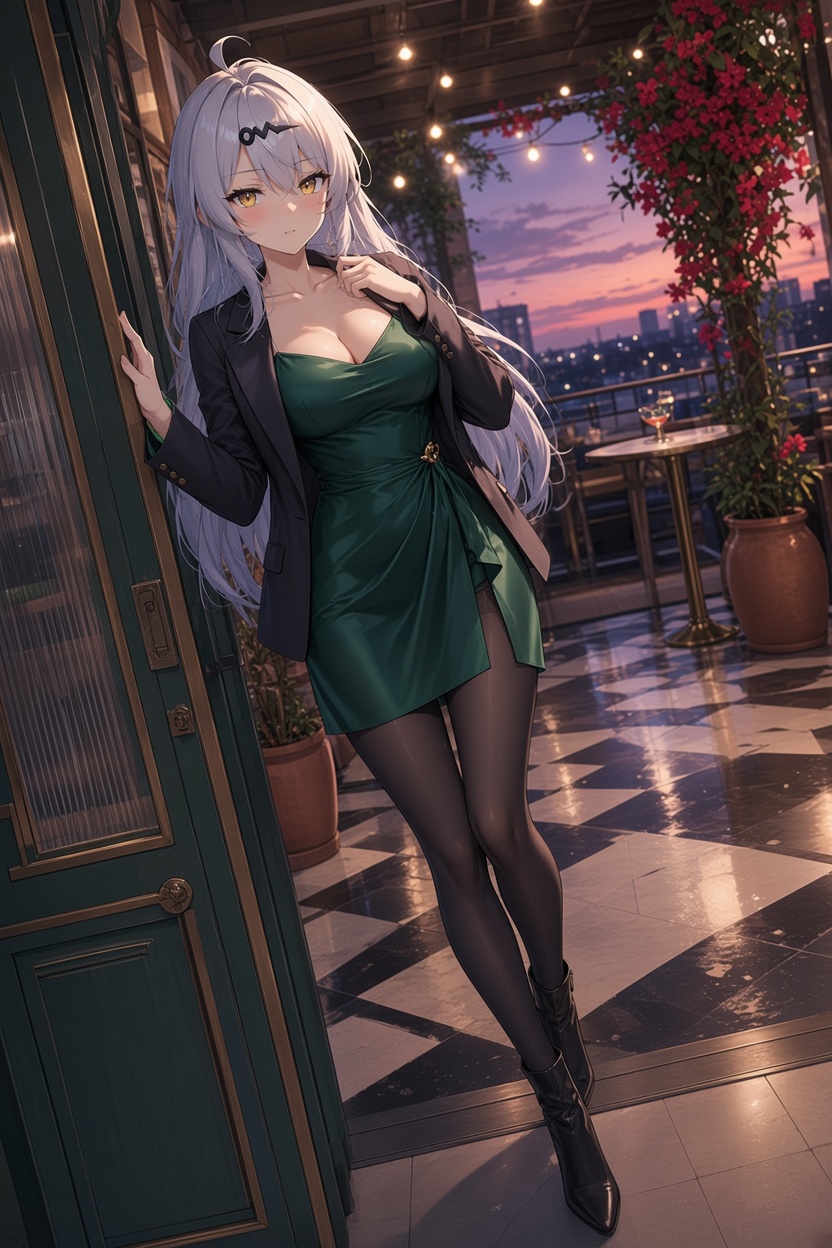 儀玄のAIイラスト：エメラルドのドレスと夜景テラス