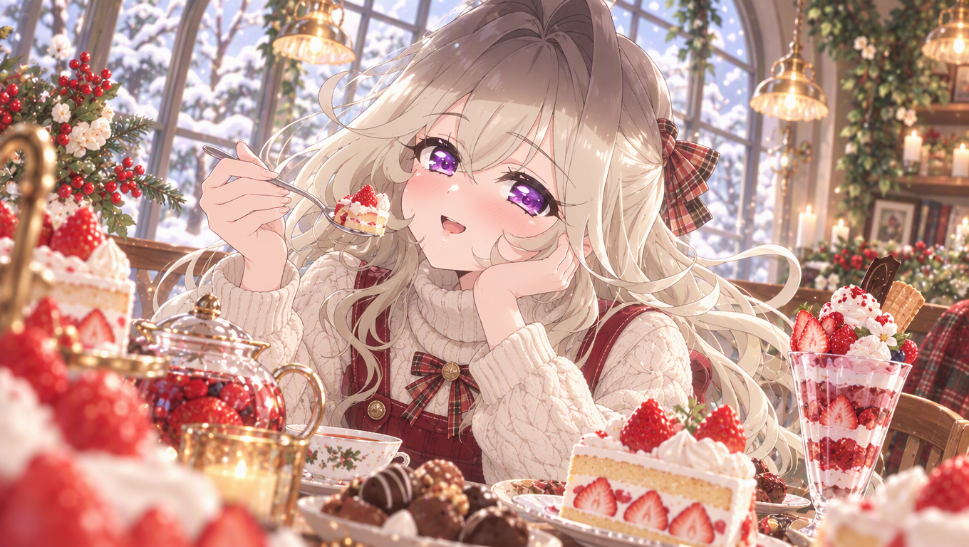 森亜るるか：冬のいちご喫茶とスイーツのAIイラスト
